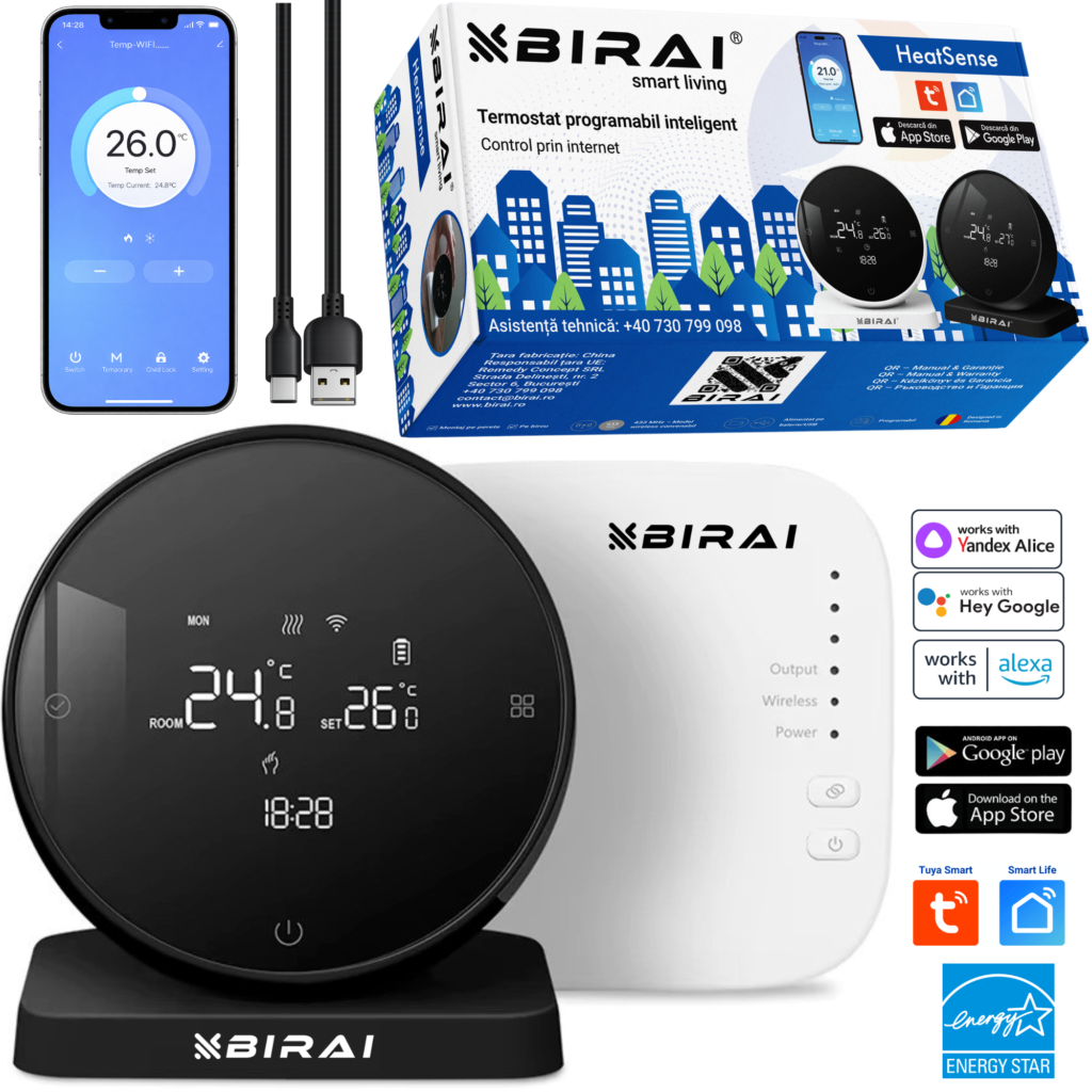 Termostat Smart WiFi Wireless BIRAI HeatSense, Control din Telefon, Compatibil Centrala Termica, Tuya, Google Home, Alexa, Receiver Inclus, Negru