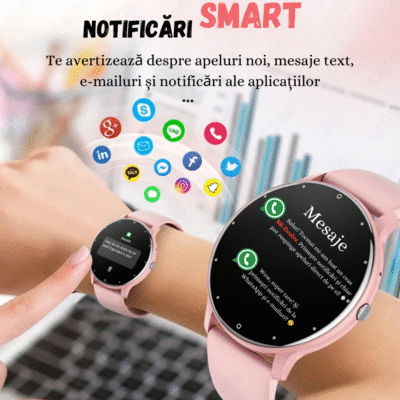 Smartwatch UltraSmart roz cu notificări inteligente apeluri, mesaje, email și aplicații sociale, ecran tactil HD.