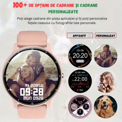 Smartwatch UltraSmart roz cu peste 100 cadrane personalizate, ecran tactil HD, funcții fitness și design impermeabil IP67.
