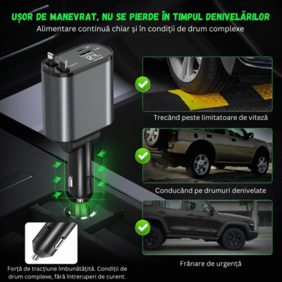 Încărcător Auto 100W Super Fast Charge BIRAI® – Afișaj LED, 4 în 1, Type-C & Lightning, USB-C & USB, Cablu Telescopic 80cm, Universal, Compatibil iPhone, Samsung, Huawei, Argintiu - imagine 4