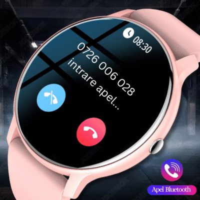 Smartwatch UltraSmart roz cu apel Bluetooth, microfon și difuzor integrate, ecran tactil HD și funcții inteligente.