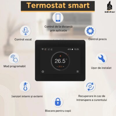 Termostat inteligent BIRAI® – afișaj tactil, programare, control vocal, Wi-Fi, aplicație mobilă.