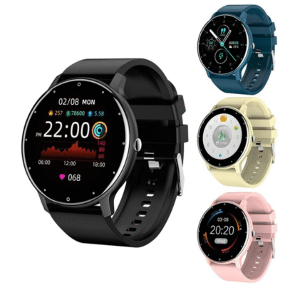 Ceas inteligent UltraSmart cu funcții multiple, disponibil în 4 culori: negru, albastru, roz și crem, design modern subțire.