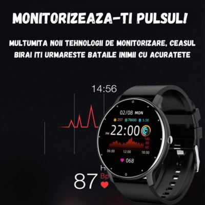 Ceas inteligent UltraSmart cu funcție monitorizare puls în timp real, ecran color, date precise ritm cardiac.