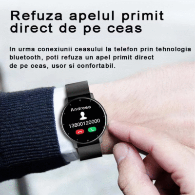 Ceas inteligent UltraSmart cu funcții multiple, afișaj notificări apeluri, opțiune de refuz apel direct de pe ceas.