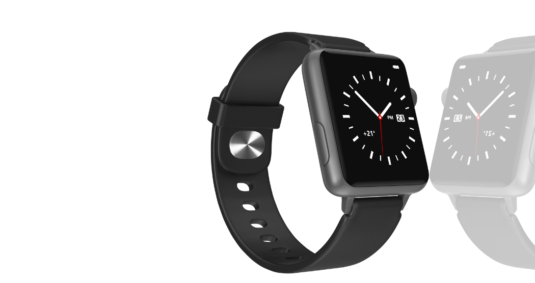 Ceas inteligent negru cu ecran digital, prezentat din două unghiuri.