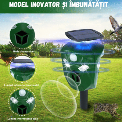 Dispozitiv cu ultrasunete BIRAI BR07, model îmbunătățit, anti păsări, rozătoare și animale, cu lumină intermitentă și acoperire 360°
