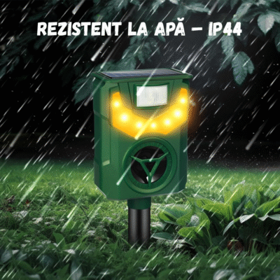 Aparat Anti-Dăunători BIRAI BR06 rezistent la apă IP44, funcționare în ploaie, protecție grădină cu ultrasunete și vibrații.