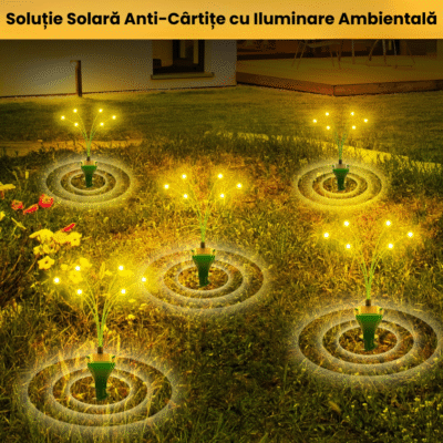 Acoperire completă a grădinii cu 4 aparate anti-cârtițe BIRAI M8 cu ultrasunete și lumini solare.