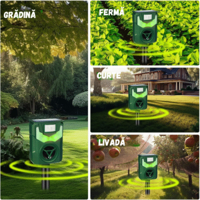 Aparat Anti-Dăunători BIRAI BR06 cu ultrasunete și vibrații, alimentare solară, acoperire 700 mp, protecție ecologică împotriva rozătoarelor și șerpilor, imagini multiple de utilizare.