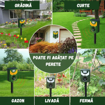 Aparat Anti-Dăunători BIRAI BR06 cu acoperire 700 mp, 6 moduri ultrasunete, protecție grădină, livadă, fermă, curte, alimentare solară.