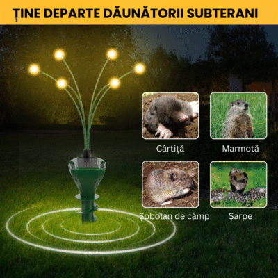 Dispozitiv anti-cârtițe BIRAI M8 cu ultrasunete și lumini, alungă dăunătorii subterani din grădină.