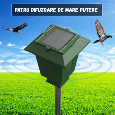 Dispozitiv anti-păsări solar BIRAI cu ultrasunete, ideal pentru alungarea guguștiucilor, ciorilor și altor păsări