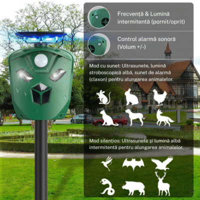 Dispozitiv BIRAI BR07 cu ultrasunete, alarmă sonoră și lumină intermitentă, acoperire 360°, eficient împotriva animalelor sălbatice și domestice