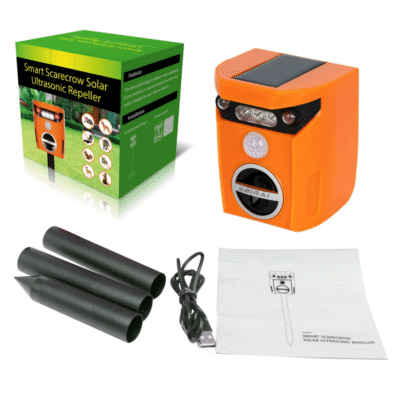 Pachet aparat ultrasunete anti animale Birai AR01, accesorii incluse: suport, cablu USB, manual, ambalaj original.
