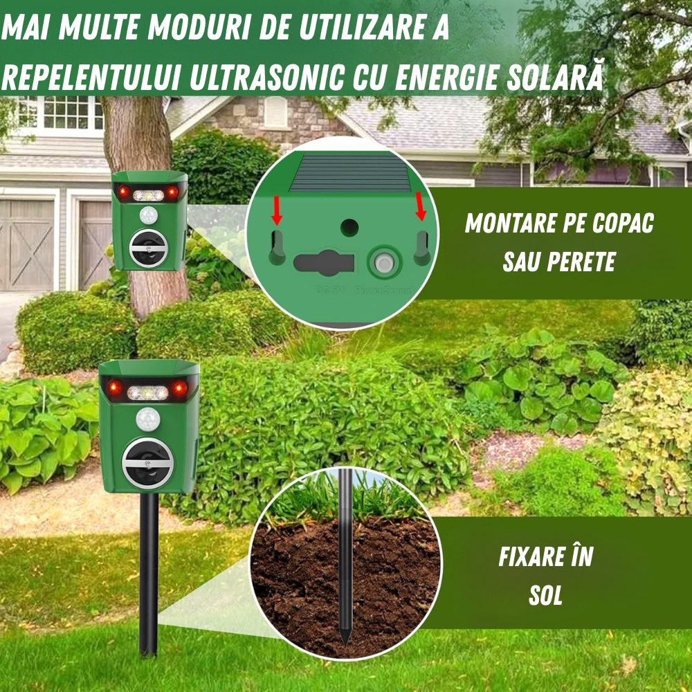 Montare aparat ultrasunete anti animale Birai AR01 – instalare ușoară cu țăruș sau agățare.