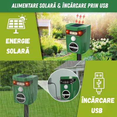 Aparat ultrasunete anti animale Birai AR01 cu alimentare solară și încărcare USB – versatil și ecologic.