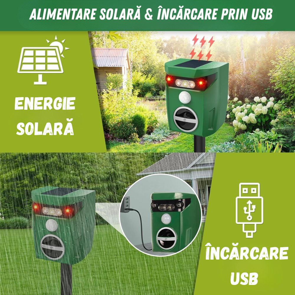 Aparat ultrasunete anti animale Birai AR01 cu alimentare solară și încărcare USB – versatil și ecologic.