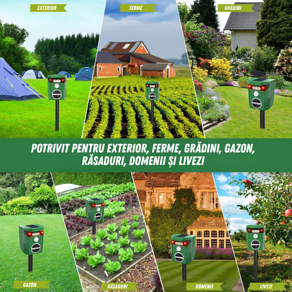 Utilizare aparat ultrasunete Birai AR01 în grădini, livezi, curți și terenuri agricole pentru protecție împotriva animalelor.