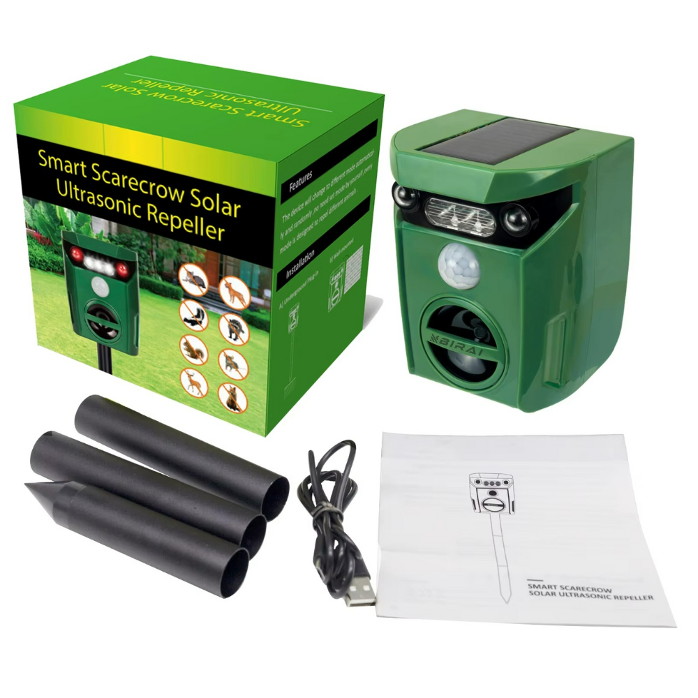 Pachet aparat ultrasunete anti animale Birai AR01, accesorii incluse: suport, cablu USB, manual, ambalaj original.