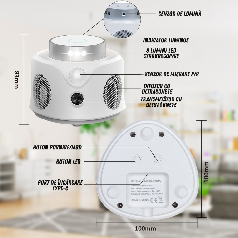 Aparat cu ultrasunete Birai® – protecție inteligentă anti rozătoare, cu detalii despre cipul intern și tehnologia de emisie