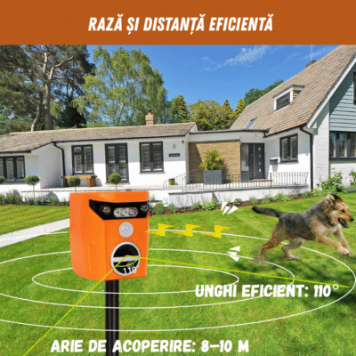 Aparat ultrasunete Birai AR01 instalat in curte – protectie anti animale, senzor de miscare, energie solara