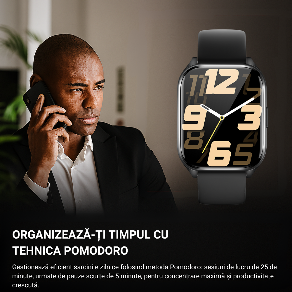 Smartwatch damă VortexIQ by BIRAI®, ecran 1.85" TFT, fitness & sport, apel Bluetooth, rezistent apă 3ATM, Android/iOS, curea silicon, Negru - imagine 2