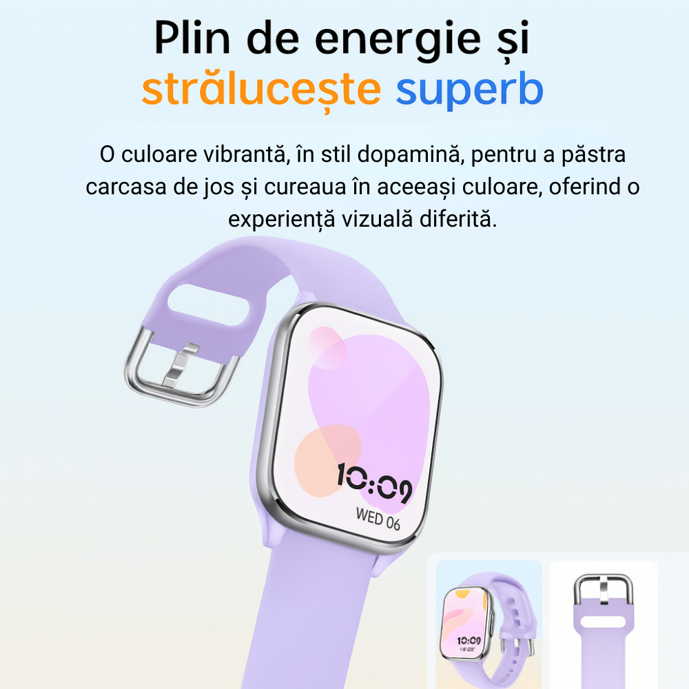 Smartwatch damă VortexIQ by BIRAI®, ecran 1.85" TFT, fitness & sport, apel Bluetooth, rezistent apă 3ATM, Android/iOS, curea silicon, Mov - imagine 4