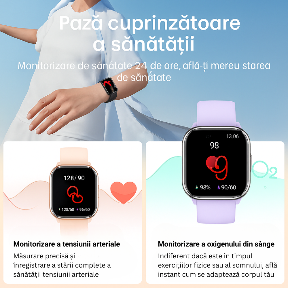 Smartwatch damă VortexIQ by BIRAI®, ecran 1.85" TFT, fitness & sport, apel Bluetooth, rezistent apă 3ATM, Android/iOS, curea silicon, Mov - imagine 3