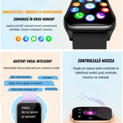 Smartwatch damă VortexIQ by BIRAI®, ecran 1.85" TFT, fitness & sport, apel Bluetooth, rezistent apă 3ATM, Android/iOS, curea silicon, Negru - imagine 5