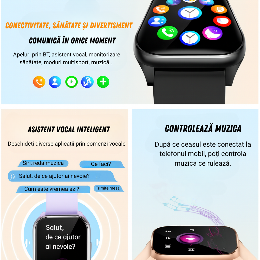 Smartwatch damă VortexIQ by BIRAI®, ecran 1.85" TFT, fitness & sport, apel Bluetooth, rezistent apă 3ATM, Android/iOS, curea silicon, Negru - imagine 5