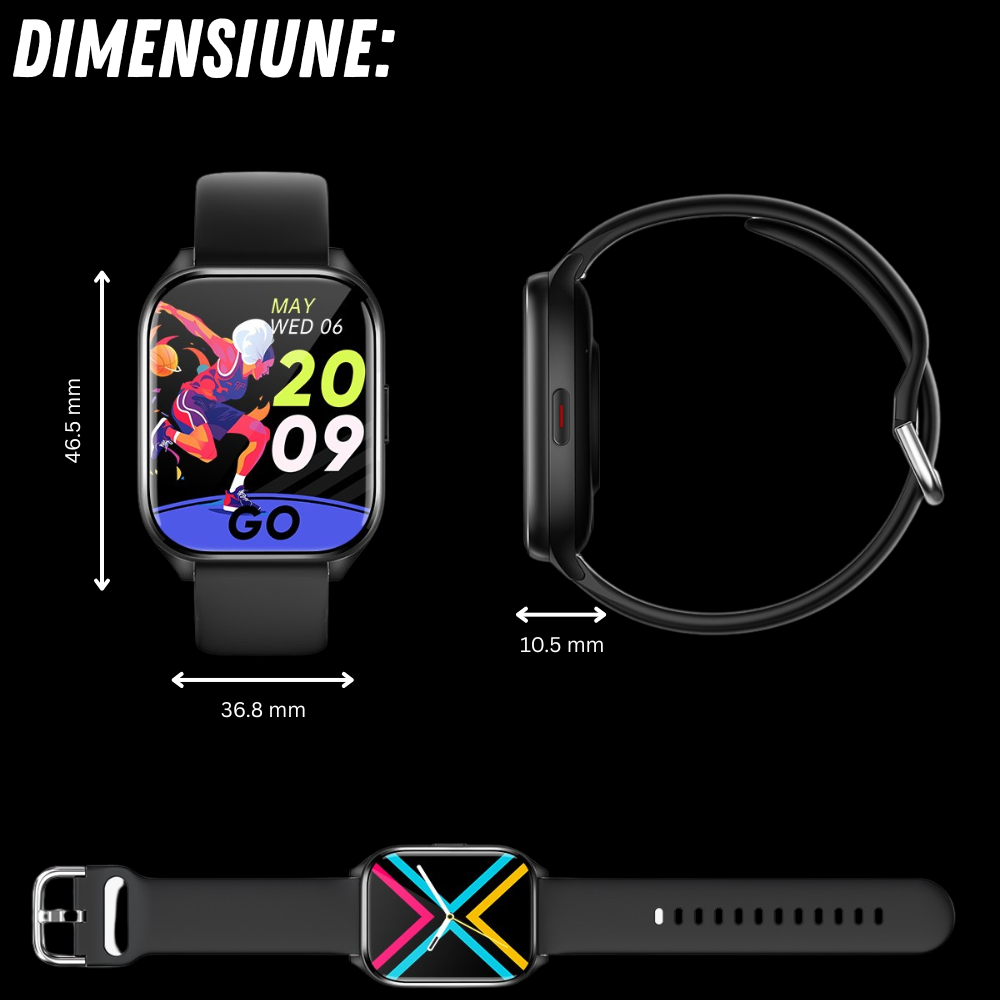 Smartwatch damă VortexIQ by BIRAI®, ecran 1.85" TFT, fitness & sport, apel Bluetooth, rezistent apă 3ATM, Android/iOS, curea silicon, Negru - imagine 4