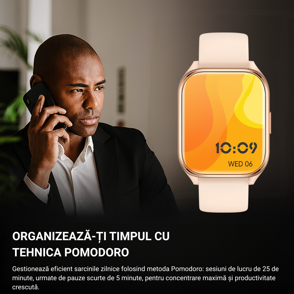 Smartwatch damă VortexIQ by BIRAI®, ecran 1.85" TFT, fitness & sport, apel Bluetooth, rezistent apă 3ATM, Android/iOS, curea silicon, Roz-Gold - imagine 2