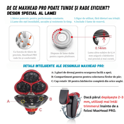 Mașină De Tuns Și Aparat De Ras BIRAI MaxHead PRO, 5 În 1, Rezistent La Apă, Ideal Pentru Cap Și Față, Negru - imagine 5