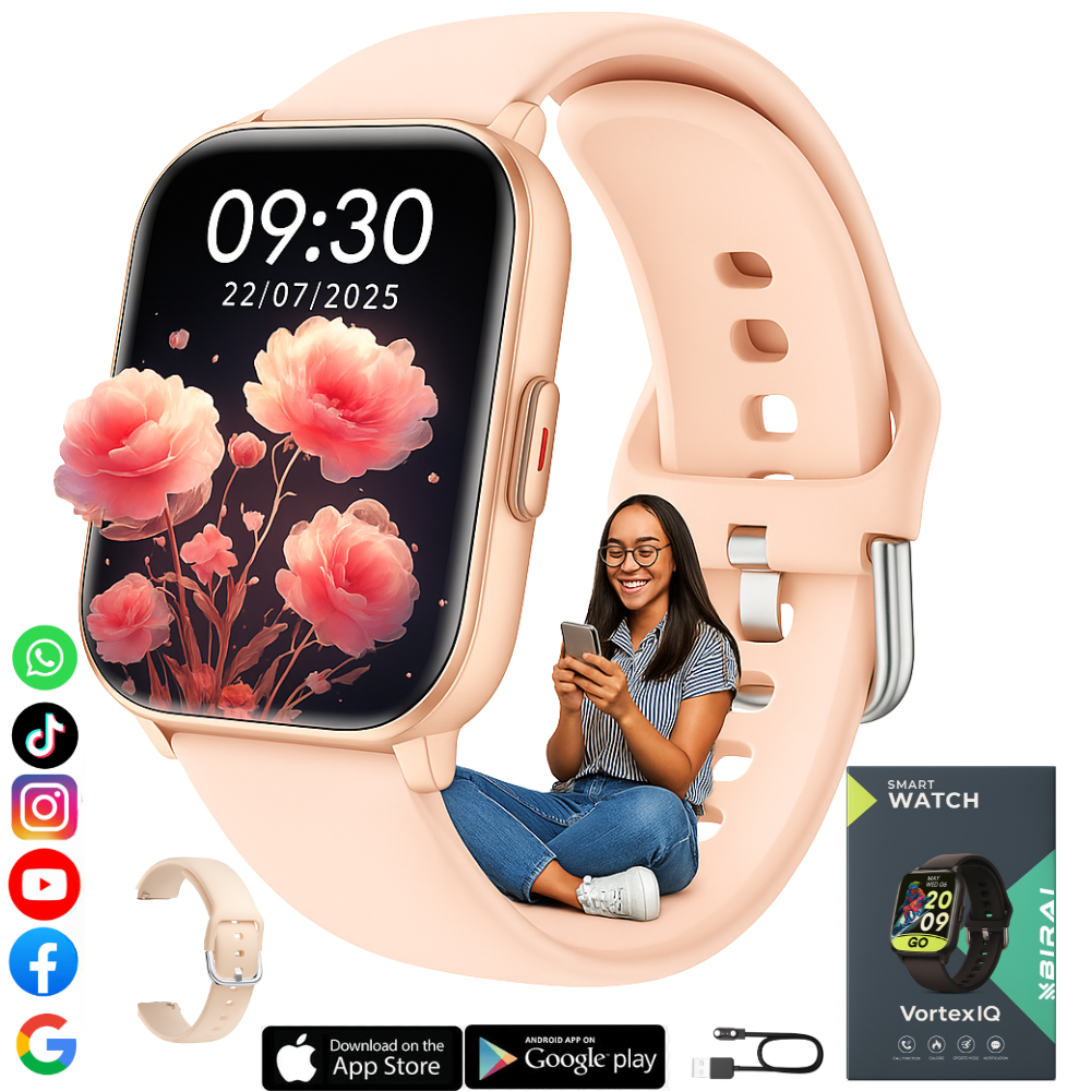 Smartwatch damă VortexIQ by BIRAI, ecran 1.85" TFT, fitness și apel Bluetooth, Roz GOLD