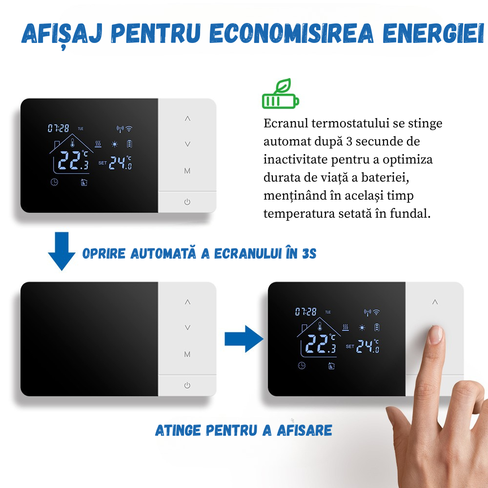 Termostat Inteligent BIRAI® EcoTherm WiFi, Programabil prin Tuya/Smart Life, Control Vocal Alexa & Google Home, Receiver Inclus, Negru - imagine 2