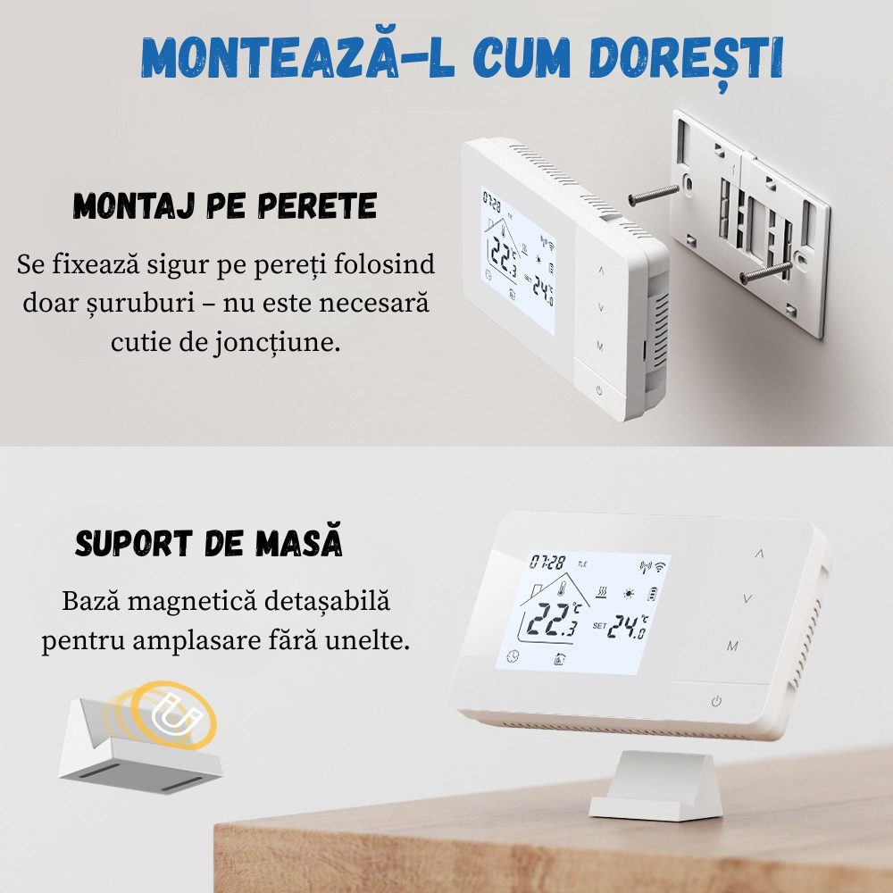 Termostat Inteligent BIRAI® EcoTherm WiFi, Programabil prin Tuya/Smart Life, Control Vocal Alexa & Google Home, Receiver Inclus, Alb - imagine 3