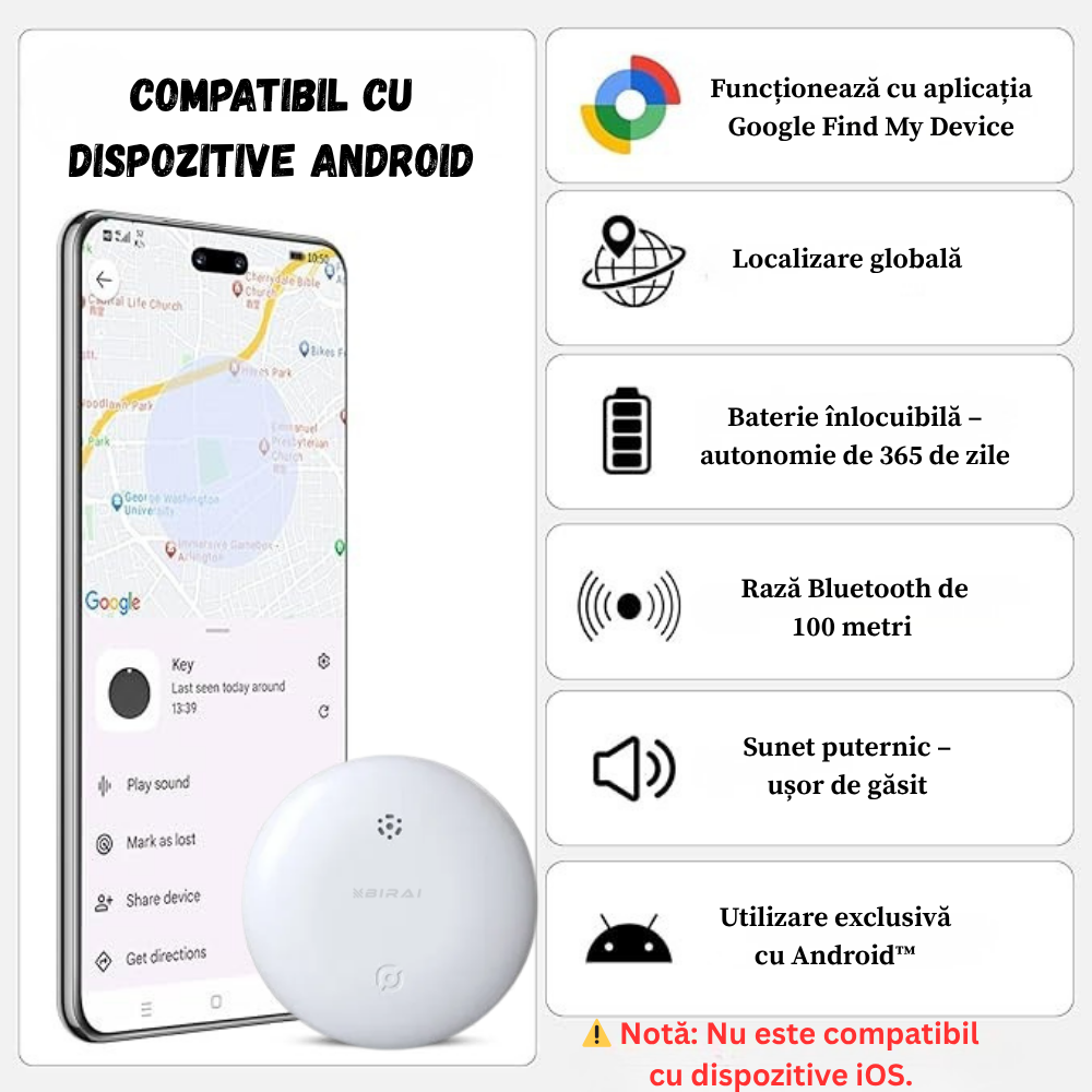 Specificatii Dispozitiv Anti-Pierdere BIRAI SafeTag – localizare Bluetooth, aplicatie Android, baterie inclusa, suport silicon