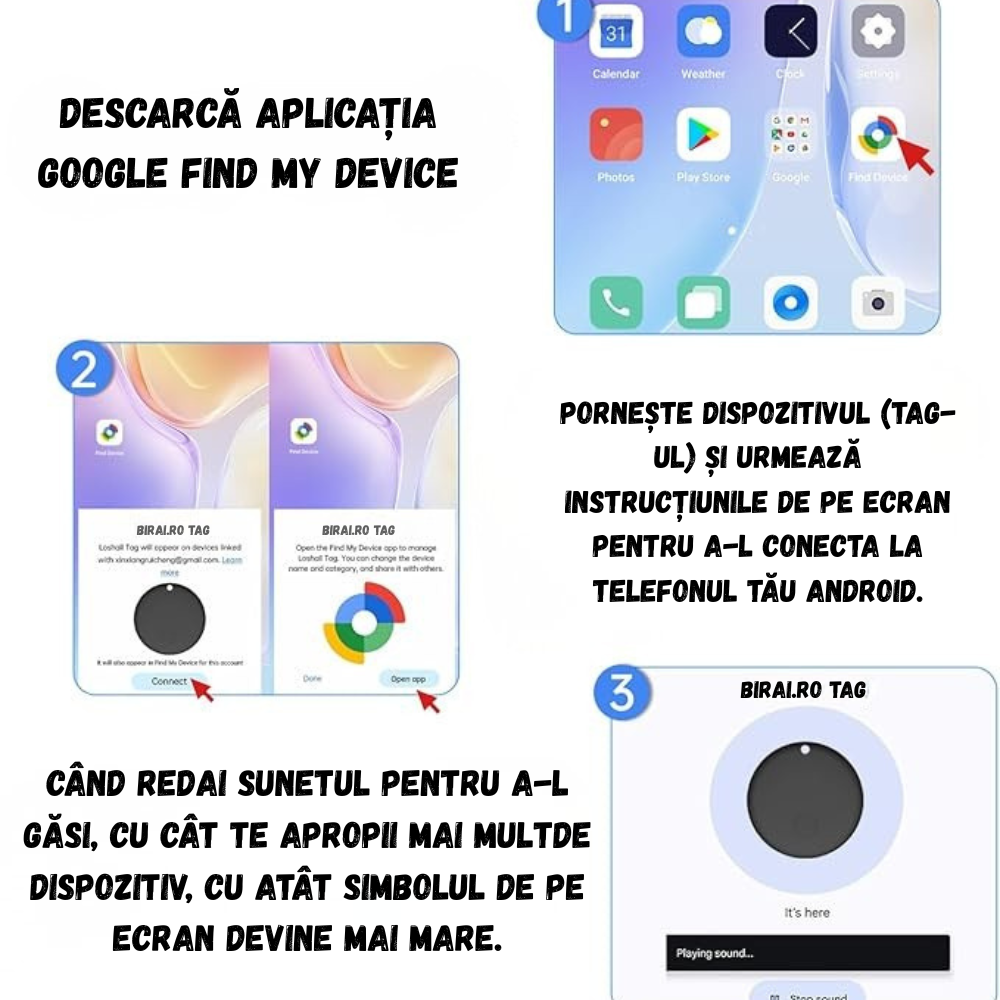 Specificatii Dispozitiv Anti-Pierdere BIRAI SafeTag – localizare Bluetooth, aplicatie Android, baterie inclusa, suport silicon