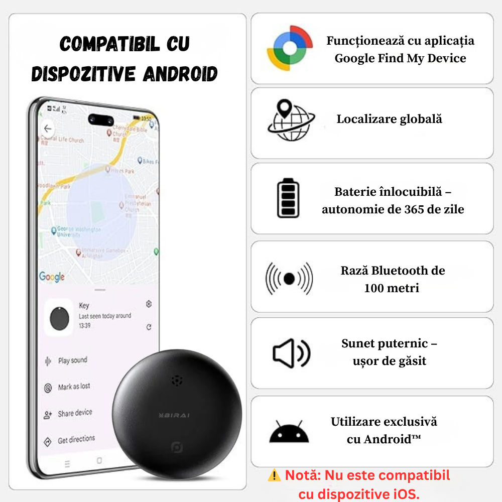 Specificatii Dispozitiv Anti-Pierdere BIRAI SafeTag – localizare Bluetooth, aplicatie Android, baterie inclusa, suport silicon