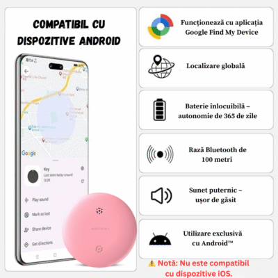 Specificatii Dispozitiv Anti-Pierdere BIRAI SafeTag – localizare Bluetooth, aplicatie Android, baterie inclusa, suport silicon