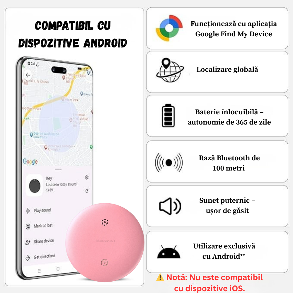 Specificatii Dispozitiv Anti-Pierdere BIRAI SafeTag – localizare Bluetooth, aplicatie Android, baterie inclusa, suport silicon