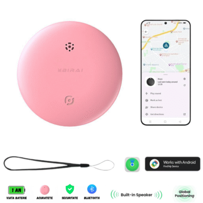 Dispozitiv Anti-Pierdere BIRAI SafeTag, localizare Bluetooth GPS pentru Android, cu baterie și suport silicon, culoare neagră