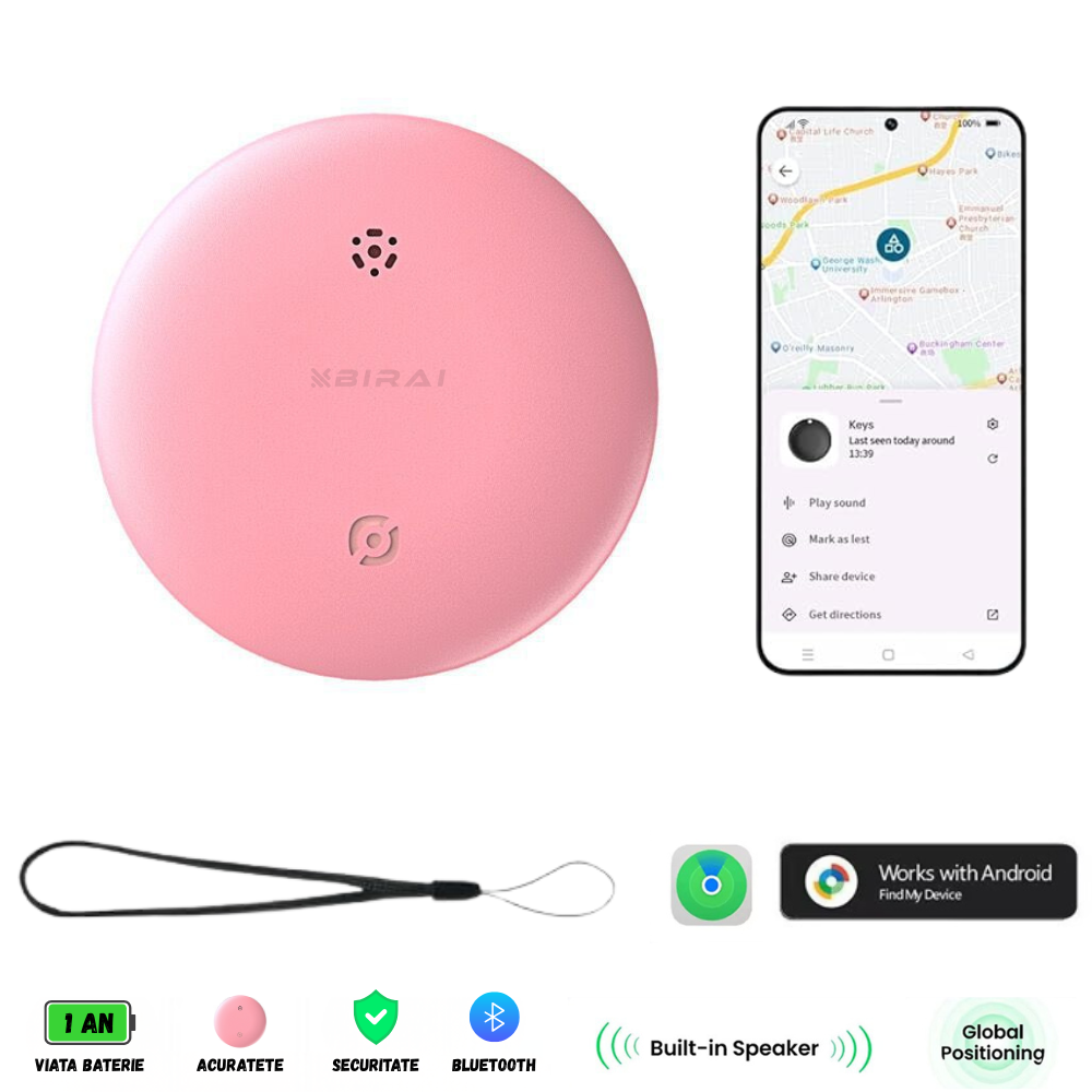 Dispozitiv Anti-Pierdere BIRAI SafeTag, localizare Bluetooth GPS pentru Android, cu baterie și suport silicon, culoare neagră