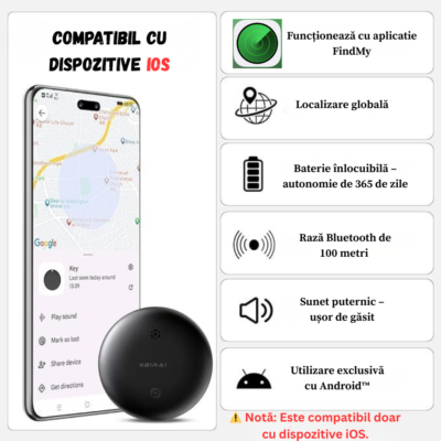 Dispozitiv Anti-Pierdere BIRAI SafeTag, Compatibil IOS, Localizare GPS Tracker, Acoperire Globala, Negru - imagine 2