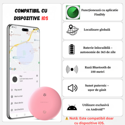 Dispozitiv Anti-Pierdere BIRAI SafeTag, Compatibil IOS, Localizare GPS Tracker, Acoperire Globala, Roz - imagine 2