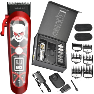 Masina De Tuns Profesionala BIRAI Elite, 7000 RPM, Acumulator, Afisaj LED, Lame Titan, Waterproof, Rosu