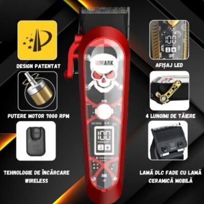 Masina De Tuns Profesionala BIRAI Elite, 7000 RPM, Acumulator, Afisaj LED, Lame Titan, Waterproof, Rosu - imagine 2