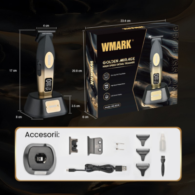 Trimmer Profesional BIRAI Golden Mirage, 9000 RPM, Lame Titan, LED, USB, Negru-Gold - imagine 5