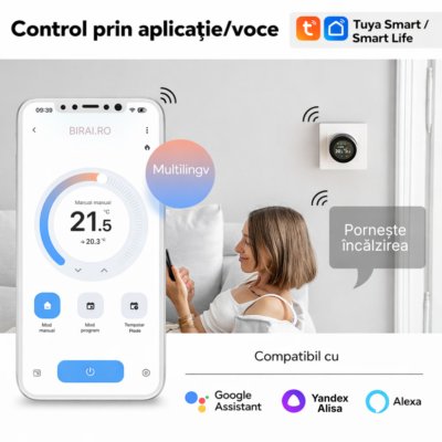 Termostat Smart Wireless BIRAI® Smart Knob Pro, WiFi, Tuya, Alexa, Google Home, Receiver Inclus, Alb - imagine 2